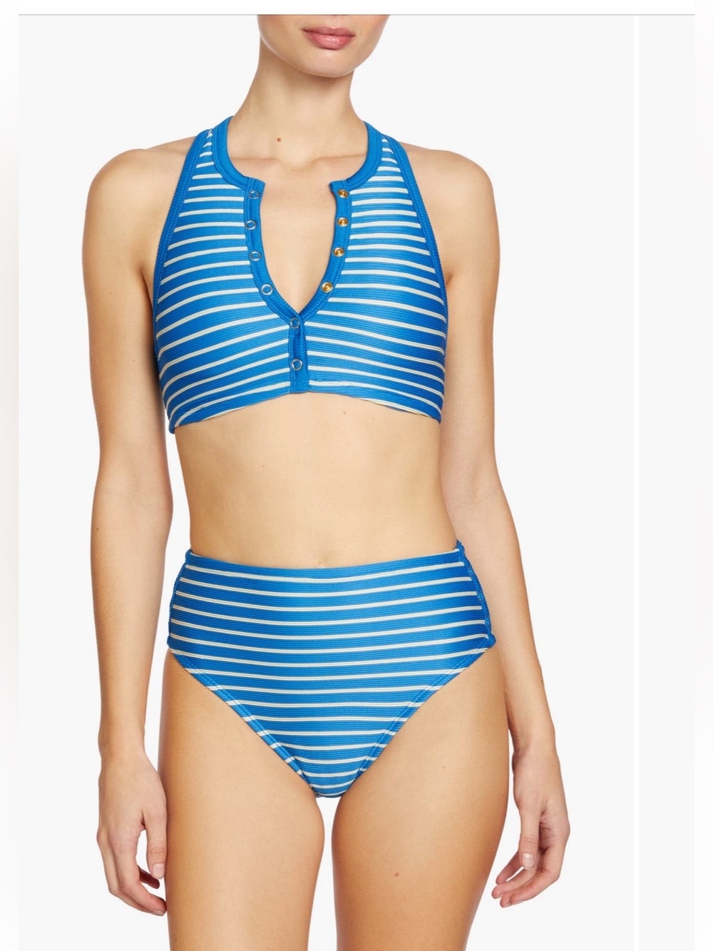 Robin Piccone -Striped High-Neck Blue Bikini Top and High-Waist Bottoms